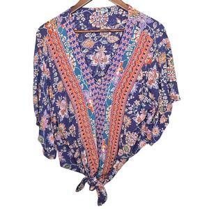 Nostalgia Floral Tie Front Blouse Boho Festival Kimono Top Short Sleeve Rayon‎ S